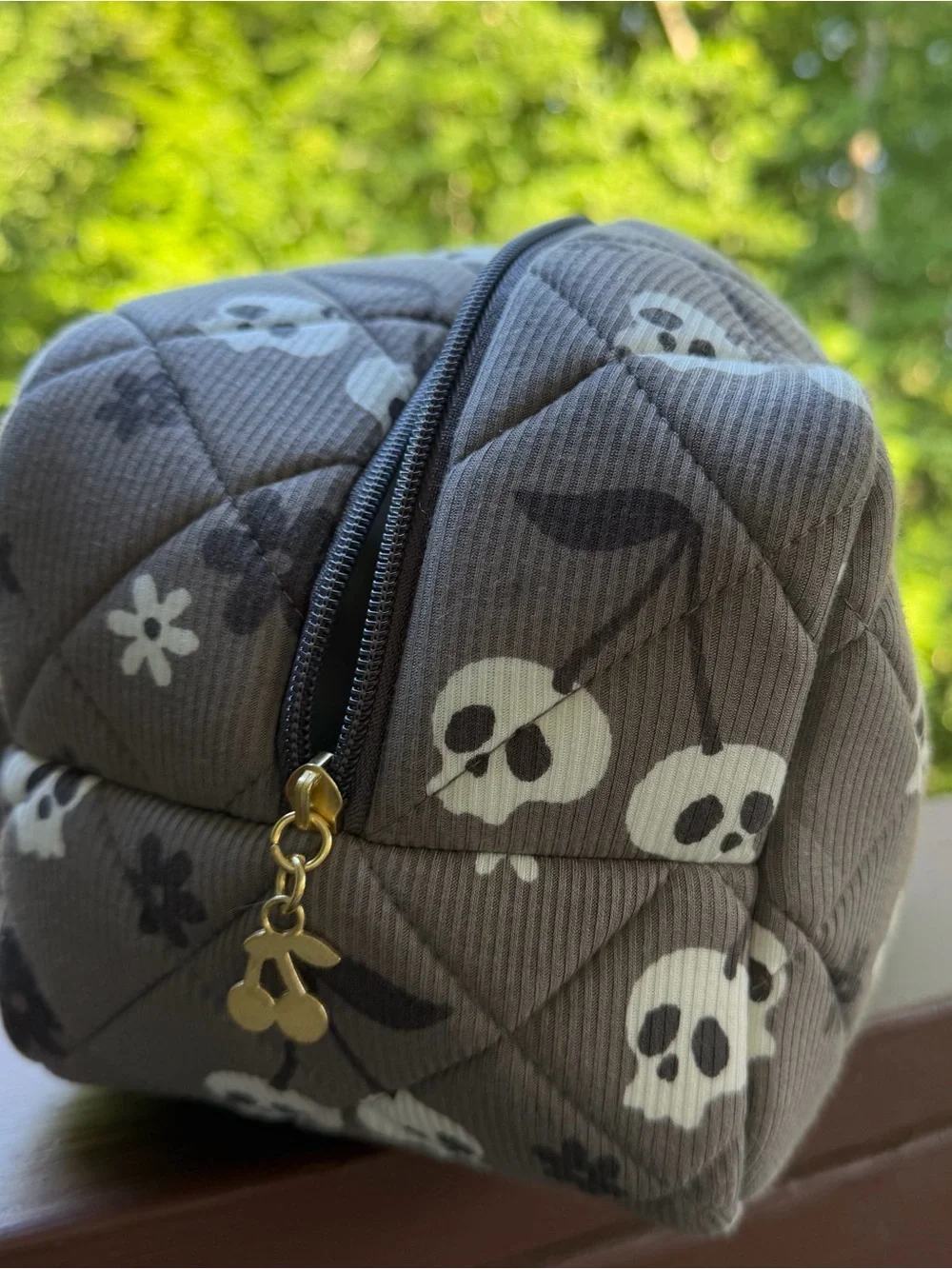 Quilted Gray Floral & Skull Cosmetic Pouch